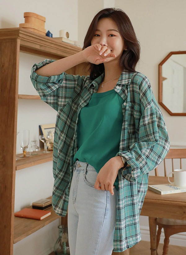 韓國r紗布棉夏季防曬格子襯衫