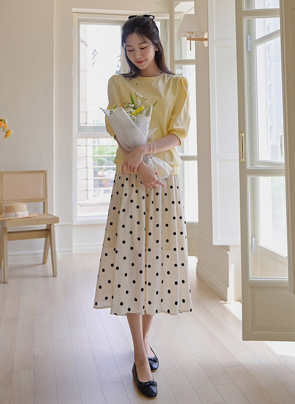韓國天鵝絨圓點鬆緊腰細褶長裙