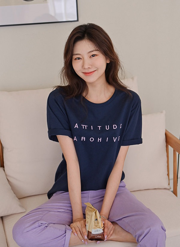 韓國配色繡字圓領棉質短袖T恤