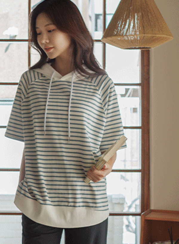 韓國配色連帽不對稱襬條紋T恤