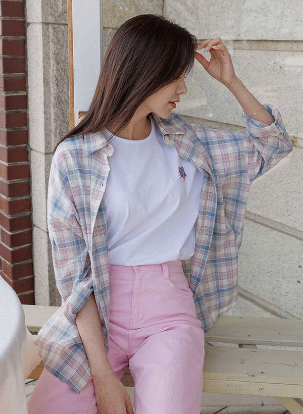 韓國粉彩格紋不對稱襬棉質襯衫