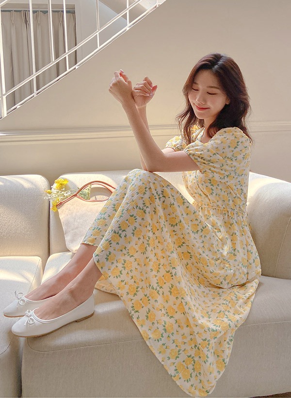 韓國滿版花朵鬆緊腰綁帶洋裝