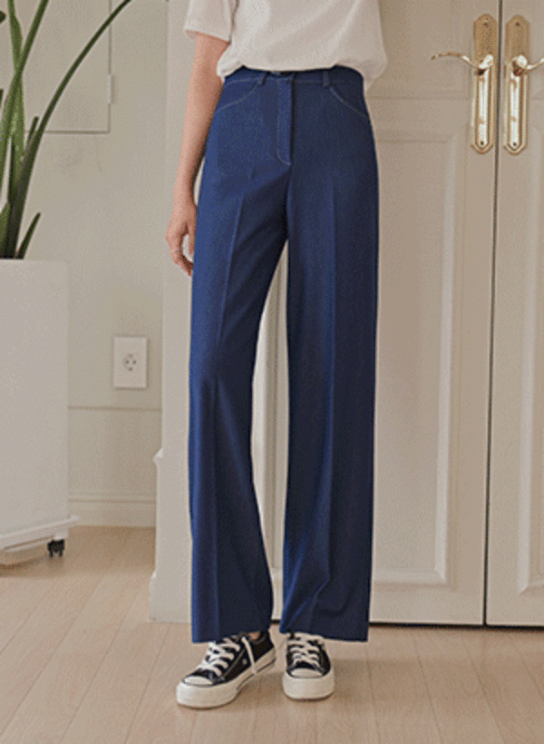 韓國丹寧藍調寬管直筒西裝褲