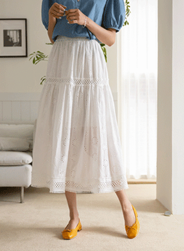 韓國仙氣蕾絲鏤空鬆緊帶長裙