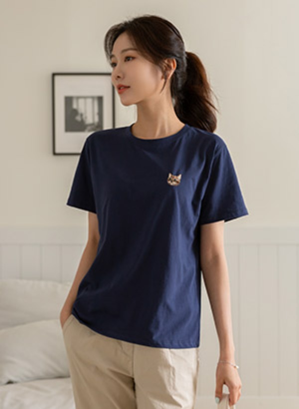 韓國貓咪刺繡柔軟短袖T恤