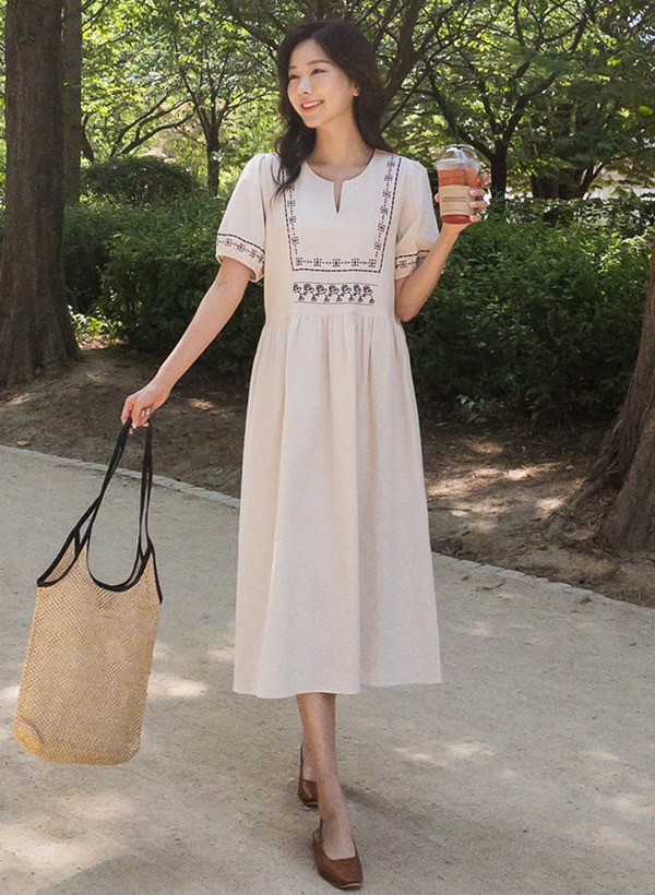 韓國背心亞麻刺繡連身裙