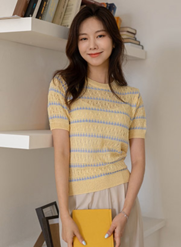 韓國橫條紋配色領子針織衫