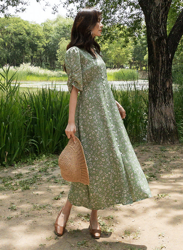 韓國森林袖子褶皺花紋連身裙