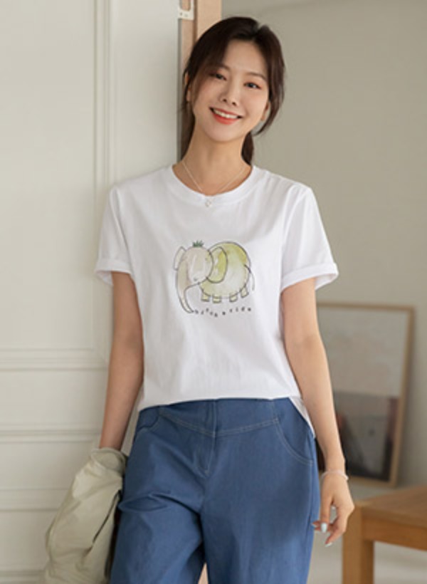 韓國嬉皮大象印染水洗短袖T恤