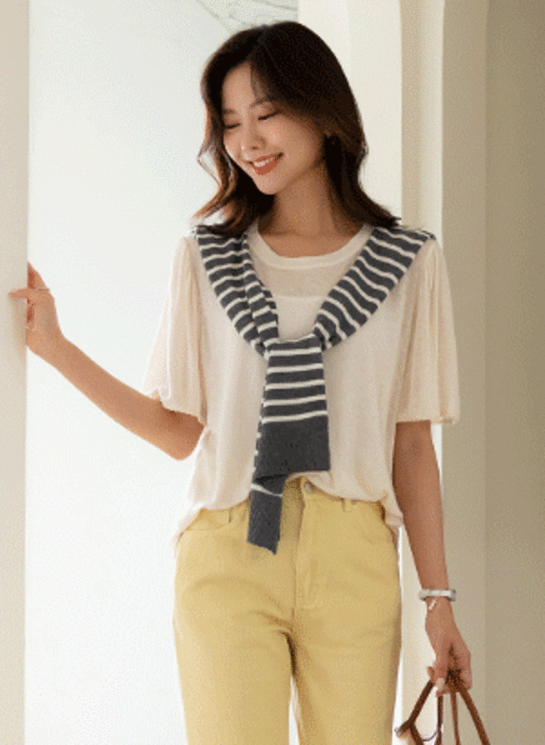韓國夏季蕾絲袖亞麻短袖T恤