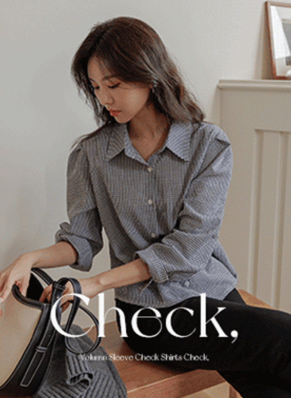 韓國細格紋壓褶泡泡袖襯衫