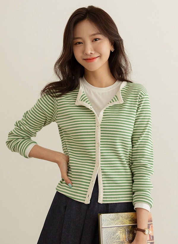 韓國條紋羅紋針織外套