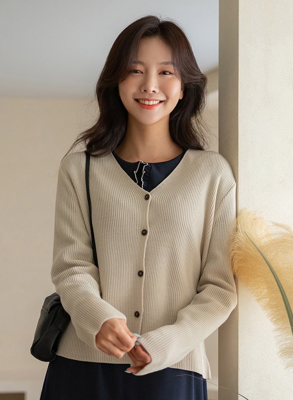 韓國V領羅紋針織外套