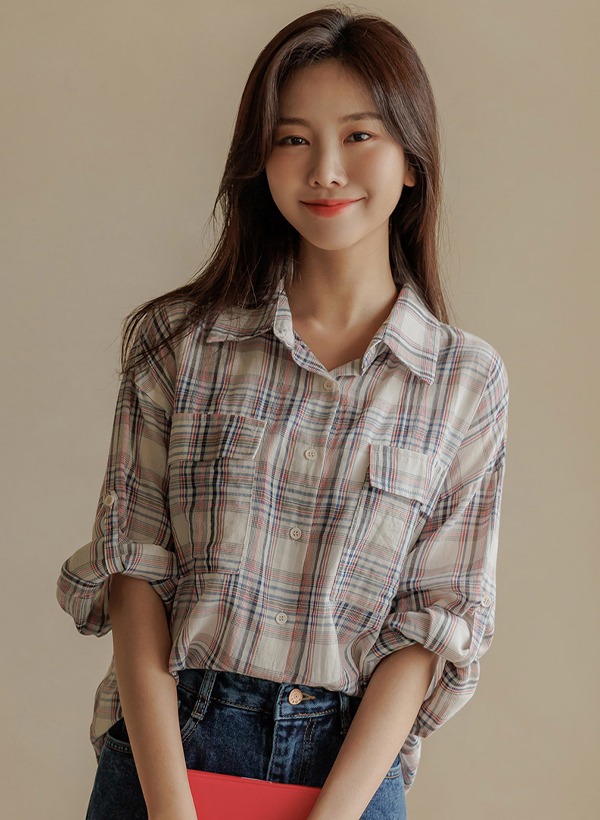 韓國格紋雙口袋高低襬襯衫