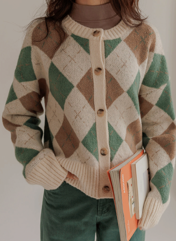 韓國菱格紋加長袖針織外套