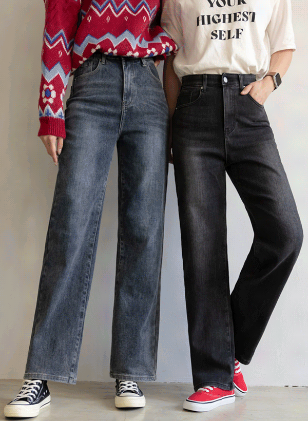 韓國寬版內刷毛直筒牛仔褲