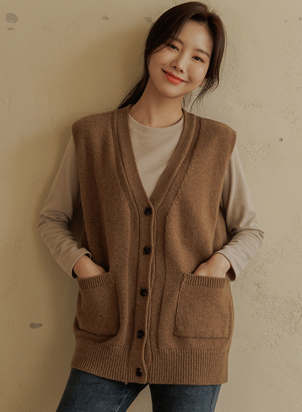 韓國V領羊毛混紡排釦針織背心