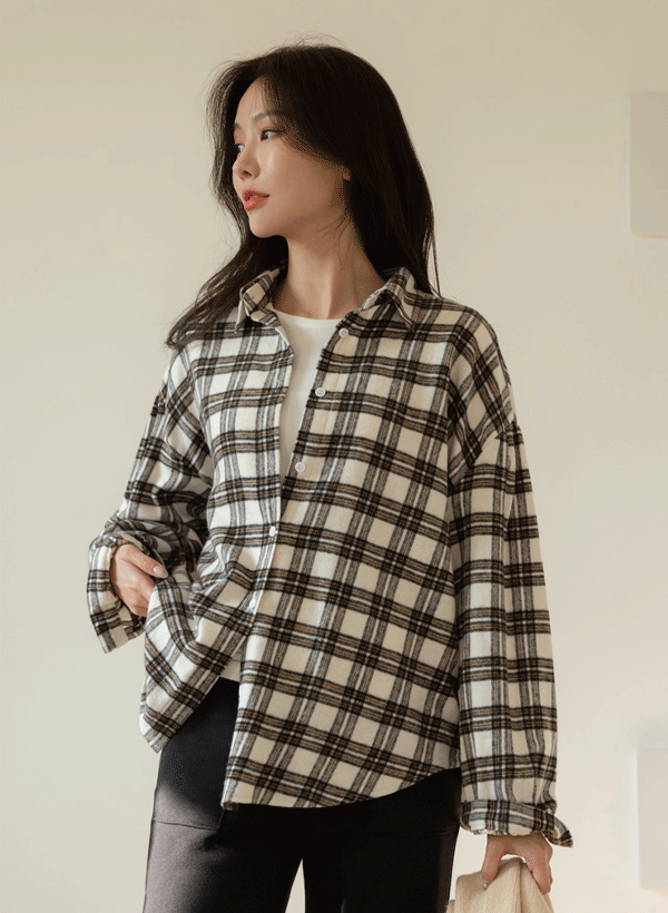 韓國格紋排釦刷毛襯衫