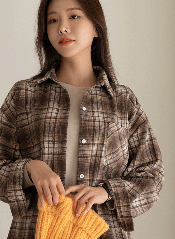 韓國格紋磨毛排釦襯衫