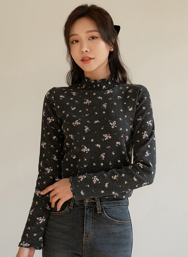 韓國立領花朵刷毛T恤