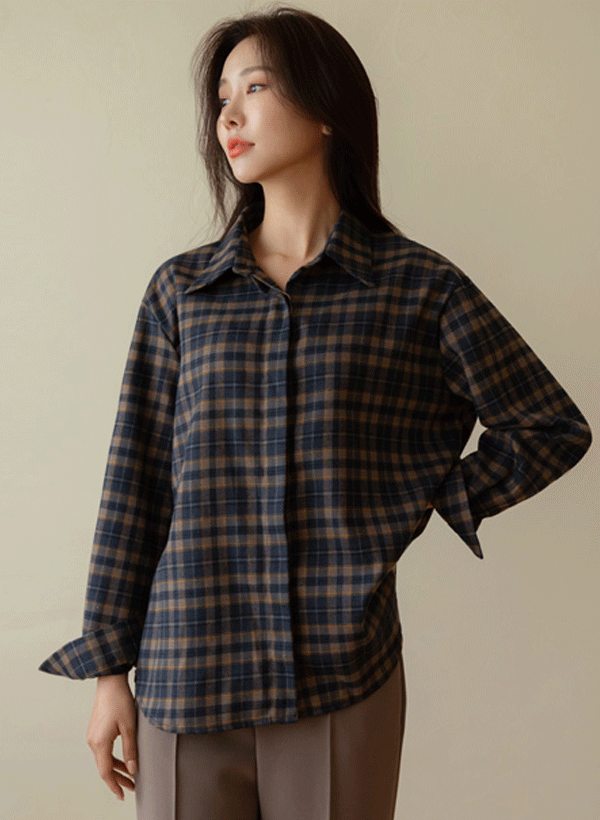 韓國暗釦寬鬆格紋襯衫