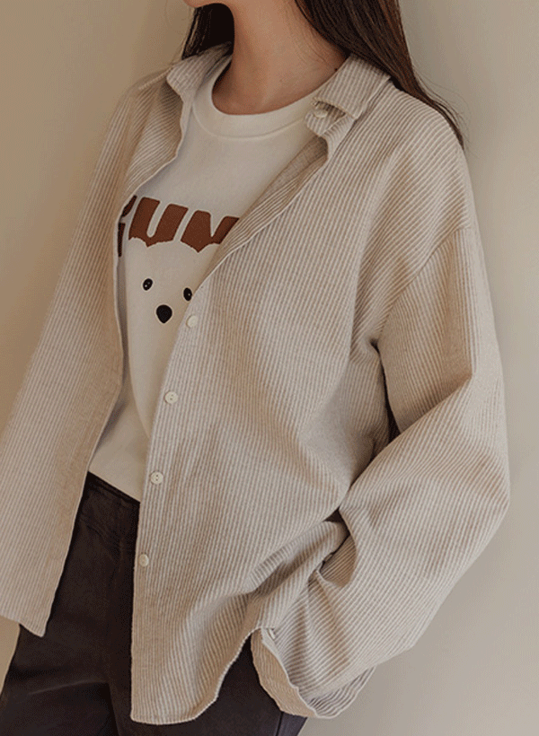 韓國直條紋寬鬆刷毛襯衫
