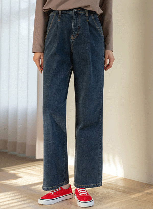 韓國壓褶後鬆緊寬版牛仔褲