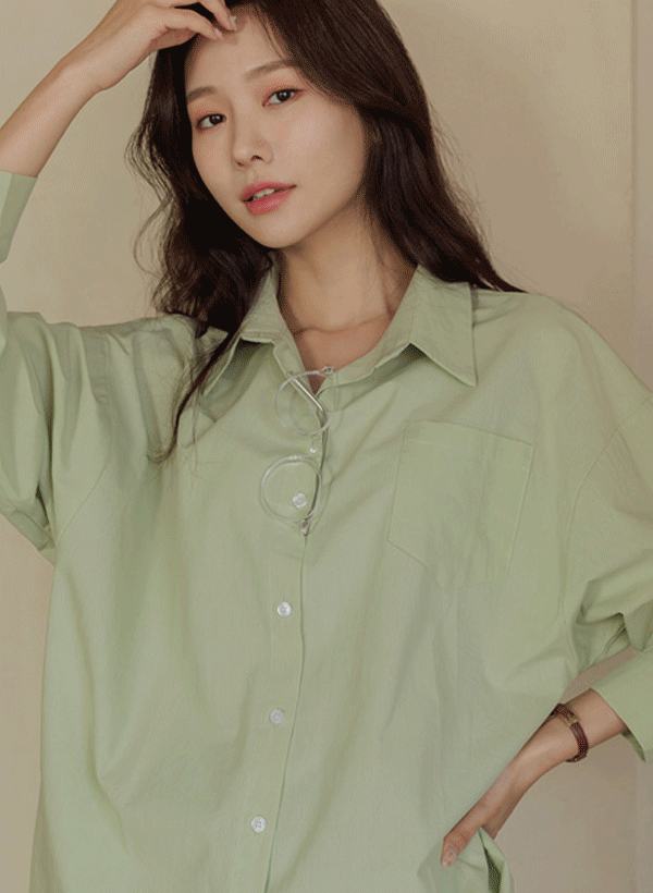 韓國棉質單口袋寬鬆襯衫