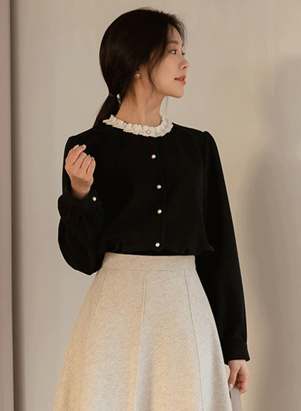 韓國刺繡蕾絲仿珍珠排釦上衣
