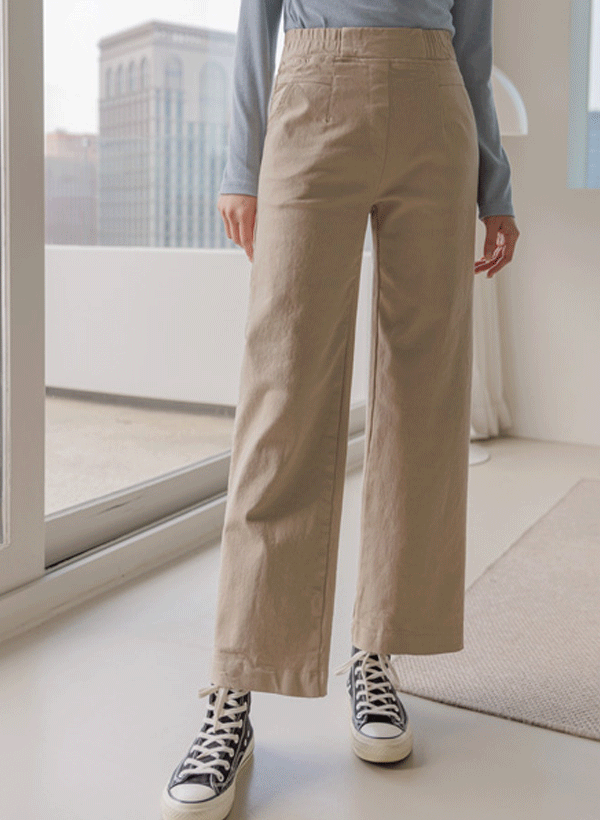 韓國鬆緊腰縫線棉混紡寬褲