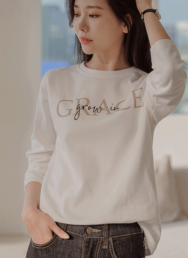 韓國圓領字母棉混紡長袖T恤