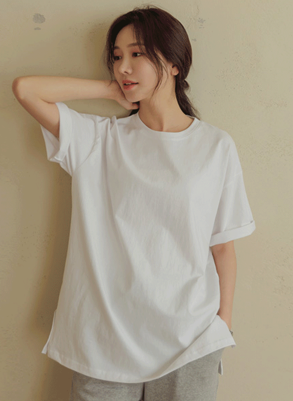 韓國圓領開衩棉質T恤