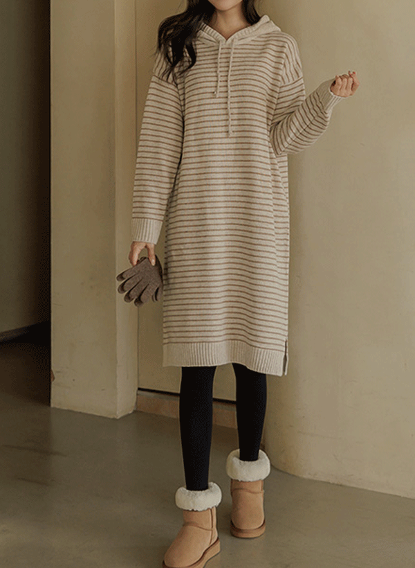 韓國羊毛混紡開衩連帽長洋裝