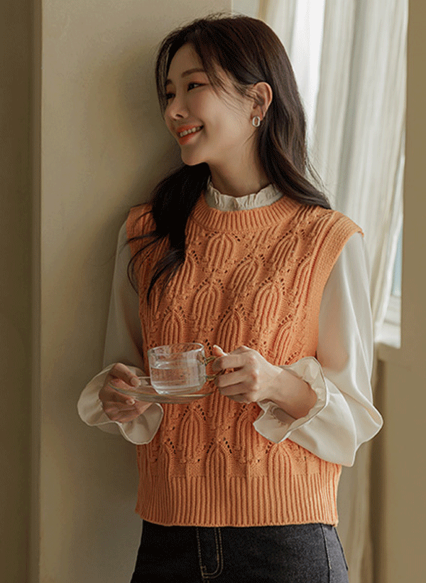 韓國混合織紋鏤空針織背心
