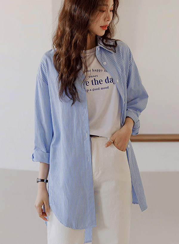 韓國直條紋高低襬襯衫