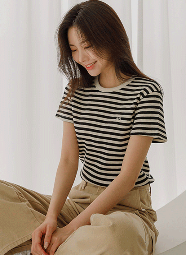 韓國刺繡華夫格條紋T恤