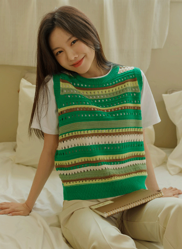 韓國鏤空配色條紋針織背心