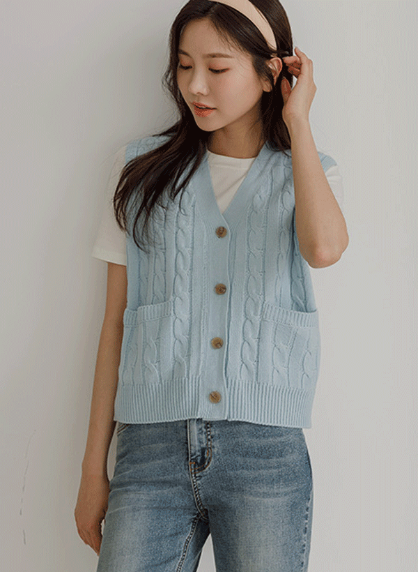 韓國麻花紋口袋針織背心