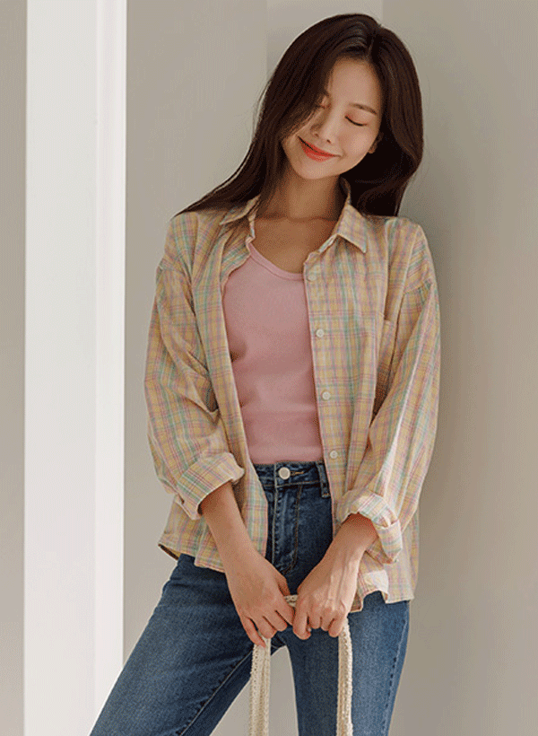韓國格紋口袋排釦襯衫