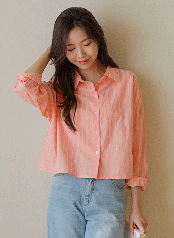韓國直條紋寬鬆短版襯衫
