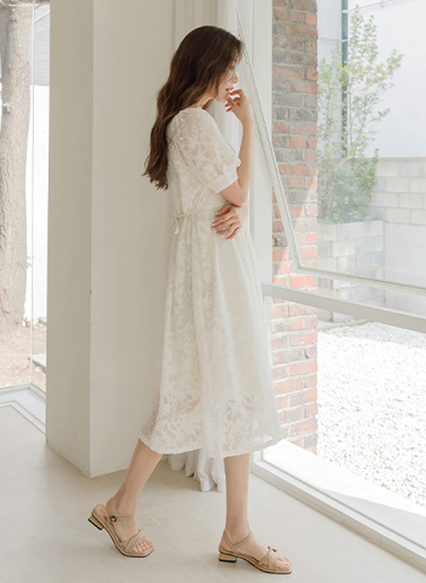 韓國腰部綁帶公主袖洋裝