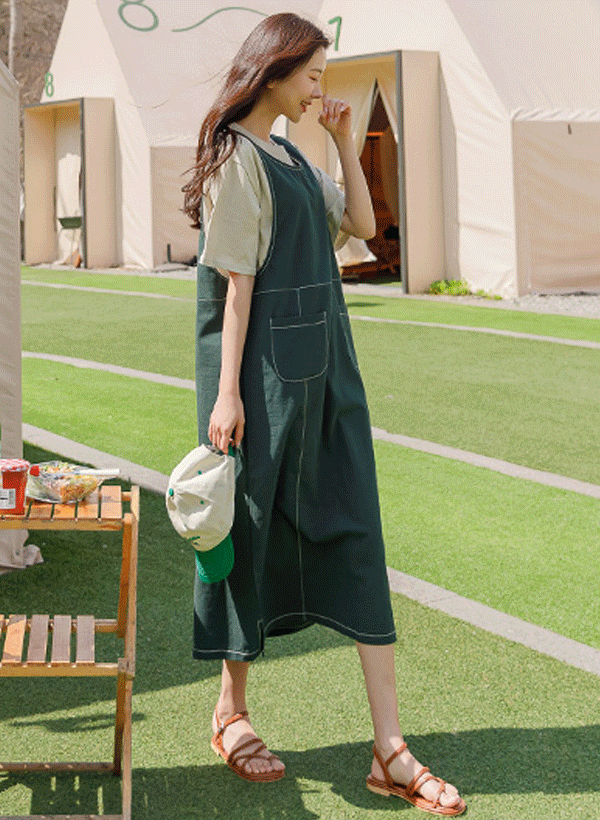 韓國配色縫線開衩背心洋裝