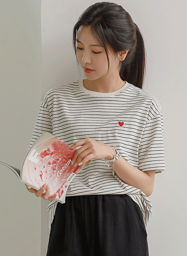 韓國心型刺繡條紋短袖