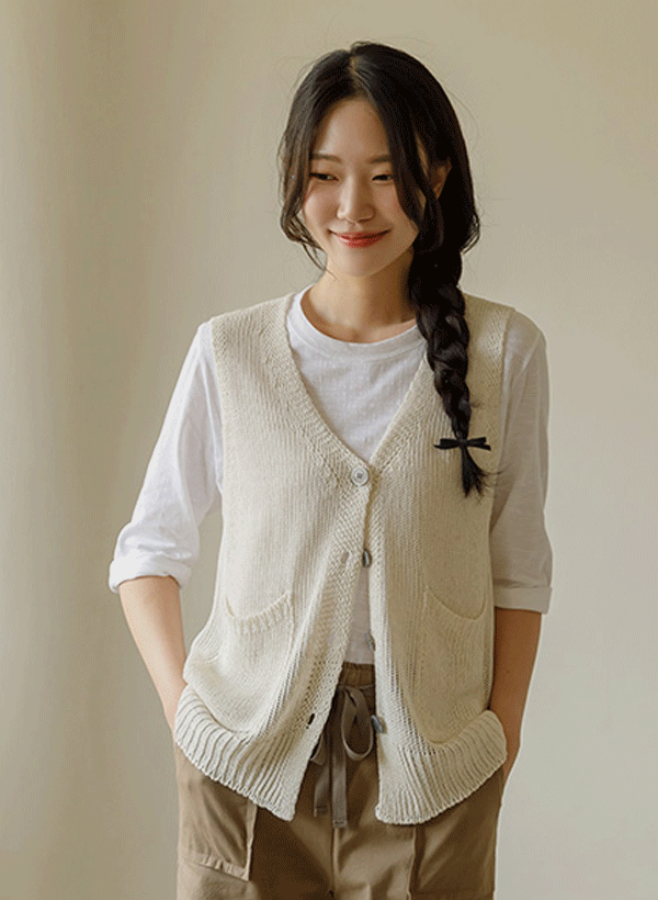韓國夏日雙口袋針織背心