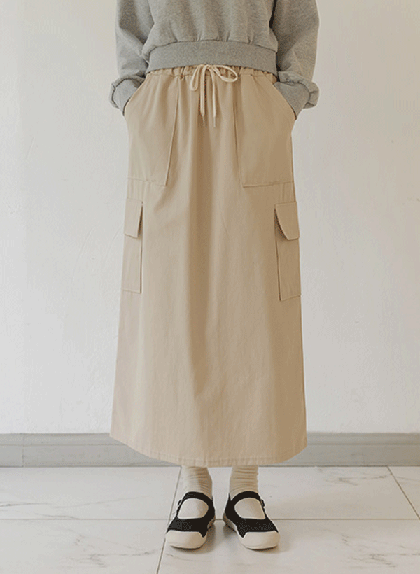 韓國全鬆緊綁帶工裝長裙