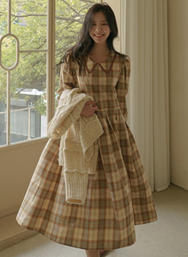 韓國蕾絲包邊領格紋洋裝
